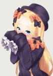 abigail_williams_(fate/grand_order) bangs black_bow black_dress black_hat blonde_hair blue_eyes blush bow covered_mouth dress ear_blush eyebrows_visible_through_hair fate/grand_order fate_(series) forehead grey_background hair_bow hands_up hat highres long_hair long_sleeves looking_at_viewer nenosame nose_blush orange_bow parted_bangs polka_dot polka_dot_bow simple_background sleeves_past_fingers sleeves_past_wrists solo upper_body very_long_hair 