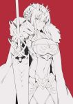  absurdres armor artoria_pendragon_(all) artoria_pendragon_(lancer) bangs braid breasts cape cleavage cleavage_cutout closed_mouth commentary_request covered_navel cowboy_shot cross crown eyebrows_visible_through_hair fate/grand_order fate_(series) fur_cape hair_between_eyes highres holding lance large_breasts lineart long_hair looking_at_viewer nose polearm red_background reroi rhongomyniad solo standing weapon 