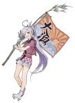  ahoge air_qh asashimo_(kantai_collection) bamboo clothes_writing commentary fan flag gloves grey_eyes grey_hair hair_over_one_eye happi highres japanese_clothes kantai_collection long_hair multicolored_hair paper_fan ponytail purple_hair sharp_teeth shorts teeth white_background white_gloves 