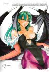  artist_name bangs bare_shoulders bat_wings breasts bridal_gauntlets cleavage collarbone covered_navel demon_girl elbow_gloves feather_trim gloves green_eyes green_hair head_wings highleg highleg_leotard highres large_breasts leotard long_hair looking_at_viewer morrigan_aensland murata_yuusuke official_art page_number pantyhose parted_lips photo scan signature simple_background solo succubus vampire_(game) wings 