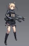  :o absurdres assault_rifle bangs blonde_hair eyebrows_visible_through_hair full_body gloves gradient gradient_background grey_background gun hair_ornament heckler_&amp;_koch highres hk416 holding holding_gun holding_weapon holster leg_warmers looking_at_viewer md5_mismatch original pleated_skirt qbase red_eyes rifle short_hair skirt solo standing thigh_holster thigh_strap uniform weapon 