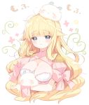  arms_under_breasts bangs beelzebub-jou_no_okinimesu_mama. beelzebub_(beelzebub-jou) blonde_hair blunt_bangs blush bow breast_hold breasts cleavage closed_mouth commentary_request creature crossed_arms dress epaulettes eyebrows_visible_through_hair hair_flaps head_tilt kurokuma_(kuro_kumagaya) large_breasts long_hair looking_at_viewer on_head pink_bow pink_dress puffy_short_sleeves puffy_sleeves short_sleeves simple_background smile solo translation_request upper_body very_long_hair white_background wrist_cuffs 