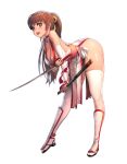  bangs bare_shoulders bent_over blush breasts bridal_gauntlets brown_eyes brown_hair choker cleavage collarbone dead_or_alive destiny_child elbow_gloves eyebrows_visible_through_hair full_body gloves hair_ribbon highres holding holding_sword holding_weapon japanese_clothes kasumi_(doa) kim_hyung_tae leaning_forward looking_at_viewer medium_breasts ninja official_art open_mouth panties pelvic_curtain ponytail reverse_grip ribbon sandals sash sheath shiny shiny_hair shiny_skin side_slit simple_background sleeveless smile solo sword thighhighs thighs underwear weapon white_background white_legwear white_panties 