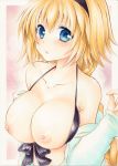  arm_behind_back bangs blonde_hair blue_eyes blush breasts breasts_outside collarbone colored_pencil_(medium) commentary_request fate/grand_order fate_(series) front-tie_bra hairband head_tilt jeanne_d'arc_(fate)_(all) jeanne_d'arc_(swimsuit_archer) long_sleeves looking_at_viewer marker_(medium) nipples off_shoulder outside_border short_hair solo traditional_media upper_body yuuna_katsumi 