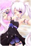  &gt;o&lt; aisha_(elsword) armpits blush breasts cat_and_rabbit cherry_blossoms collarbone elsword eyebrows_visible_through_hair flower long_hair nail_polish one_eye_closed petals phoru_(elsword) purple_eyes rose smile twintails white_hair 