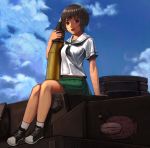  akiyama_yukari anglerfish arm_support blue_sky brown_eyes brown_hair cloud day girls_und_panzer green_skirt ground_vehicle kazunoko looking_at_viewer midriff_peek military military_vehicle motor_vehicle ooarai_school_uniform panzerkampfwagen_iv school_uniform serafuku shoes skirt sky smile sneakers solo tank tank_shell 