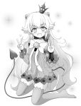  bangs blush cat_and_rabbit collarbone crown double_v elsword eyebrows_visible_through_hair fang greyscale hair_between_eyes hair_ornament head_tilt heart heart_tail highres kneeling long_hair looking_at_viewer luciela_r._sourcream monochrome open_mouth pointy_ears smile solo sparkle symbol-shaped_pupils tail v 