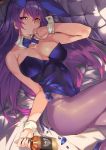  animal_ears bangs bare_shoulders bow bowtie breasts bunny_ears bunnysuit cleavage collarbone commentary_request couch covered_navel detached_collar fate/grand_order fate_(series) hair_between_eyes hips large_breasts leotard liquor long_hair looking_at_viewer ohland pantyhose petals purple_hair red_eyes scathach_(fate)_(all) scathach_(fate/grand_order) sitting solo thighs wrist_cuffs 