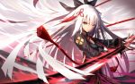  augu_(523764197) black_bow bow breasts dress fate/grand_order fate_(series) floating_hair hair_between_eyes hair_bow hair_ornament holding holding_sword holding_weapon katana long_hair looking_at_viewer medium_breasts okita_souji_(alter)_(fate) okita_souji_(fate)_(all) silver_hair solo standing sword very_long_hair weapon yellow_eyes 