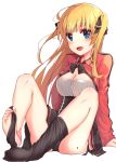  1girl bare_legs barefoot blonde_hair blue_eyes cleaveage feet open_mouth ribbons soles stockings tanita 