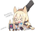  &gt;_&lt; :3 :d afterimage animal_ears asymmetrical_legwear blonde_hair chibi closed_eyes commentary_request dinergate_(girls_frontline) g41_(girls_frontline) girls_frontline hair_between_eyes hand_on_another's_head happy open_mouth petting ran_system romaji smile squatting xd 