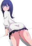  ass bangs black_hair blue_eyes cardigan commentary_request from_behind hera_(hara0742) highres long_hair long_sleeves looking_at_viewer looking_back miniskirt school_uniform skirt smile solo ssss.gridman takarada_rikka thighs 