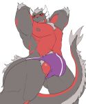  anthro balls big_balls blush bulge clothing dragon hair hands_behind_head horn looking_at_viewer male mostly_nude muscular muscular_male pecs penis_outline pubes sheeporwolf smile solo standing underwear 
