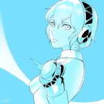  aegis_(persona) artist_name breasts hair_between_eyes headphones highres looking_at_viewer looking_back monochrome parted_lips persona persona_3 ragecndy shiny shiny_hair short_hair small_breasts solo 