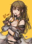  bangs bare_shoulders blush breasts brown_eyes brown_hair cleavage collarbone commentary_request eyebrows_visible_through_hair fingerless_gloves girls_frontline gloves hair_between_eyes hair_ornament hair_ribbon hairclip hand_up highres k-2_(girls_frontline) kyjsogom long_hair looking_at_viewer medium_breasts navel off_shoulder open_clothes open_mouth open_skirt panties pantyhose ribbon sidelocks signature simple_background skirt smile solo stomach underwear v yellow_background 