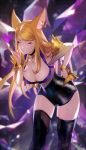  ahri animal_ears bent_over black_legwear blonde_hair breasts choker detached_sleeves earrings fox_ears fox_tail hand_on_hip heart heart_choker idol jewelry k/da_(league_of_legends) k/da_ahri league_of_legends medium_breasts nido_celisius one_eye_closed solo tail thighhighs whisker_markings 