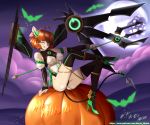  1girl ahoge android bare_shoulders blush breasts green_eyes hair_ribbon halloween high_heels horns looking_at_viewer medium_breasts moon one_eye_closed orange_hair penny_polendina ribbon rwby sitting smile solo tail thighhighs tongue tongue_out wink 