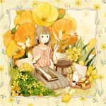  bad_id bad_pixiv_id bangs blunt_bangs blush book book_on_lap bread brown_eyes brown_hair brown_skirt bug butterfly butterfly_on_finger closed_mouth coffee_pot cup cushion dandelion_seed floral_background flower food fruit hand_up insect orange orange_flower orange_slice original pink_shirt poppy_(flower) seiza shirt short_hair sitting skirt smile solo somemachi tray yellow_flower 