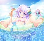  afloat buoy cat_and_rabbit chilling_hedgehog_(elsword) cloud collarbone day demon_girl demon_horns demon_tail drink elsword eyebrows_visible_through_hair flower food hair_flower hair_ornament horns ice_cream ice_cream_cone iz_(elsword) laguz_(elsword) licking_lips luciela_r._sourcream multiple_girls navel sky sparkle star star-shaped_pupils sunlight swimsuit symbol-shaped_pupils tail tongue tongue_out water 