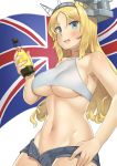  absurdres alternate_costume blonde_hair blue_eyes bottle breasts commentary_request cowboy_shot flag flag_background hairband hand_on_hip headgear highres kantai_collection large_breasts long_hair looking_at_viewer nelson_(kantai_collection) open_fly short_shorts shorts solo soushou_nin tank_top underboob union_jack 