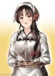  black_hair blush bow breasts brown_eyes commentary_request eyebrows_visible_through_hair fish food gradient gradient_background hair_bow holding holding_plate juurouta kantai_collection kappougi long_hair long_sleeves looking_at_viewer medium_breasts open_mouth plate remodel_(kantai_collection) shouhou_(kantai_collection) side_ponytail smile solo twitter_username 