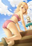  :d arm_support ass bikini blonde_hair blue_sky breasts checkered checkered_bikini closed_eyes cloud collar day frilled_bikini frills hair_ornament ibushigin long_hair looking_at_viewer looking_back multiple_girls open_mouth outdoors pink_bikini red_eyes rosetta rune_factory shiny shiny_hair short_hair sky small_breasts smile solo_focus strapless strapless_bikini swimsuit 