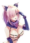  animal_ears augu_(523764197) blush bow breasts choker condom dangerous_beast elbow_gloves fate/grand_order fate_(series) fox_ears fur_trim gloves hair_over_one_eye holding holding_condom large_breasts mash_kyrielight nipples pink_bow pink_hair purple_eyes purple_gloves saliva saliva_trail shiny shiny_skin short_hair simple_background solo striped striped_bow tongue tongue_out upper_body white_background 