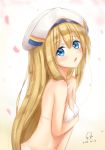  bikini blonde_hair blue_eyes breasts cleavage commentary_request from_side goblin_slayer! hat long_hair looking_at_viewer navel open_mouth priestess_(goblin_slayer!) reiya small_breasts solo swimsuit upper_body very_long_hair white_bikini white_bikini_top 