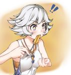  1girl blue_eyes blush breasts eating farrah_(granblue_fantasy) granblue_fantasy happy jewelry jibako necklace short_hair silver_hair solo 