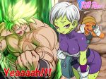  2boys abs aura biceps broly broly_(dragon_ball_super) cheelai commentary_request dragon_ball dragon_ball_super dragon_ball_super_broly english fushisha_o gloves green_skin leaning_forward looking_at_viewer multiple_boys open_mouth pectorals purple_eyes scar scouter shirtless short_hair skin_tight smile spiked_hair super_saiyan sweat white_gloves 