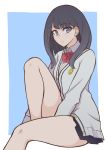  :o bangs bl00d_h00d black_hair black_skirt blue_eyes bow cardigan eyebrows_visible_through_hair highres leg_up long_hair long_sleeves looking_at_viewer microskirt parted_lips pleated_skirt red_bow school_uniform shirt sitting skirt solo ssss.gridman takarada_rikka thighs white_cardigan white_shirt 