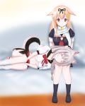  animal_ears azur_lane black_ribbon blonde_hair braid breasts clothing_request commentary_request dog_ears dog_tail eyes_closed hair_ornament hair_ribbon highres kantai_collection lap_pillow long_hair looking_at_another red_eyes red_ribbon ribbon school_uniform silver_hair simple_background single_braid socks solakaki tail thighs underboob white_background yuudachi_(azur_lane) yuudachi_(kantai_collection) 