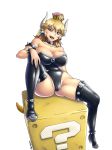  ?_block arm_at_side arm_on_knee arm_rest artist_name ass bangs bare_shoulders belly black_footwear black_leotard blonde_hair blue_earrings blue_eyes blush boots bowsette bracelet breasts brooch cleavage collar collarbone colored_eyelashes commentary crown eyebrows_visible_through_hair full_body hair_between_eyes hair_down half-closed_eye high_heel_boots high_heels highleg highleg_leotard highres horns jewelry large_breasts leotard long_hair looking_at_viewer mario_(series) muscle nail_polish neobunny new_super_mario_bros._u_deluxe open_mouth outline perspective pink_lips pointy_ears raised_eyebrow red_nails reflective_eyes sharp_teeth shiny shiny_clothes shiny_hair shiny_skin sidelocks simple_background sitting skindentation solo spiked_boots spiked_bracelet spiked_collar spiked_thighlet spikes spread_legs strapless strapless_leotard super_crown teeth thick_thighs thigh_boots thighhighs thighs white_background wide_hips 