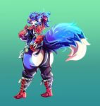  2018 5_fingers absurd_res anthro armor artsyrobo belly belt big_breasts big_butt biped black_sclera blue_fur blue_hair blush breasts butt canine capcom digital_media_(artwork) eye_patch eyelashes eyewear fanged_wyvern female fox fur hair hi_res huge_breasts knee_pads lazuli_(doggod.va) looking_at_viewer mammal model_sheet monster_hunter monster_hunter_world multicolored_fur navel nipples odogaron pink_eyes rear_view red_eyes scalie simple_background slightly_chubby solo standing teeth thick_thighs tusks video_games voluptuous white_fur wide_hips 