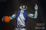  2016 5_fingers action_pose amazon_milk_frog amphibian anthro athletic ball basketball_(ball) basketball_uniform biped black_background blue_skin blue_tongue brown_markings brown_skin brown_spots character_name clothed clothing collarbone countershade_hands countershade_torso countershading digital_drawing_(artwork) digital_media_(artwork) english_text eye_markings facial_markings fba frog front_view frown half-length_portrait holding_ball holding_object lighting male markings multicolored_skin open_frown open_mouth orange_eyes pointing portrait pose shadow simple_background solo sportswear spots spotted_skin standing tadley_weston tan_skin text tree_frog uniform white_countershading white_skin white_spots wyldelyn 