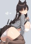 animal_ears ass atago_(azur_lane) azur_lane bangs black_hair black_skirt blush breasts brown_eyes cleavage clothes_lift commentary_request extra_ears grey_background grey_sweater hair_between_eyes heart hips kneeling large_breasts long_hair looking_at_viewer mole mole_under_eye one_eye_closed open_mouth panties pantyhose pantyhose_pull pleated_skirt ribbon sailor_collar school_uniform simple_background skirt solo sweater sweater_lift swept_bangs thighband_pantyhose thighs underwear white_panties white_ribbon yuzu-aki 