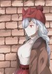  absurdres belt brick_wall brown_coat coat commentary_request fate/grand_order fate_(series) hat highres hiiragi_(siharawasabi) long_hair looking_to_the_side oni_horns open_clothes open_coat red_eyes red_hat red_skirt silver_hair skirt solo sweater tomoe_gozen_(fate/grand_order) turtleneck turtleneck_sweater white_sweater 