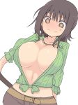  1girl artist_request belt blush breasts brown_eyes brown_hair cleavage embarrassed full-face_blush itsuwa jewelry large_breasts midriff navel necklace pants short_hair solo to_aru_majutsu_no_index 