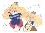  animal_ear_fluff animal_ears baseball_jersey big_hair black_gloves blonde_hair blush breasts closed_eyes commentary_request cropped_legs ezo_red_fox_(kemono_friends) flipped_hair forehead fur_collar furrowed_eyebrows gloves heavy_breathing hokkaido_nippon-ham_fighters kazue1000 kemono_friends large_breasts lion_(kemono_friends) lion_ears lion_girl lion_tail long_hair miniskirt multiple_girls nippon_professional_baseball open_mouth pleated_skirt red_skirt running saitama_seibu_lions short_sleeves skirt tail translation_request very_long_hair white_legwear yellow_eyes 