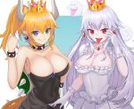  absurdres bare_shoulders blue_earrings blue_eyes boo bowsette bracelet breasts choker cleavage clenched_teeth collar collarbone commentary_request covered_navel crown dress earrings eyebrows_visible_through_hair frilled_choker frilled_dress frills gloves hair_between_eyes highres horns jewelry large_breasts long_hair looking_at_viewer mario_(series) multiple_girls new_super_mario_bros._u_deluxe open_mouth pipipipyu pointy_ears ponytail princess_king_boo puffy_short_sleeves puffy_sleeves red_earrings red_eyes short_hair short_sleeves slit_pupils smile spiked_bracelet spiked_collar spikes super_crown tail teeth tongue tongue_out white_choker white_dress white_gloves 