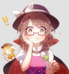  +_+ 2girls 60mai :3 :d :t animal_ears bangs black_cape black_hat blonde_hair blush bow brown_eyes brown_hair brown_hat bunny_ears cape cellphone commentary crop_top dango eyebrows_visible_through_hair flat_cap food glasses grey_background hand_on_own_cheek hand_up hat hat_bow high_collar holding holding_food holding_phone looking_at_viewer low_twintails midriff multiple_girls navel open_mouth orange_shirt phone puffy_short_sleeves puffy_sleeves purple_vest red-framed_eyewear ringo_(touhou) sanshoku_dango shirt short_hair short_sleeves simple_background skull smartphone smile stomach touhou twintails upper_body usami_sumireko v vest violet_detector wagashi white_bow white_shirt |_| 