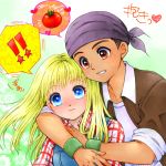  1boy 1girl 3: bandana blonde_hair blue_eyes blush claire_(harvest_moon) commentary_request couple dark_skin harvest_moon hug hug_from_behind kai_(harvest_moon) kazuma_hoshinomisaki long_hair overalls plaid plaid_shirt red_eyes shirt spoken_food tomato wristband 