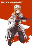  absurdres alternate_hair_color black_footwear blue_eyes blush bolt_action breasts brown_shirt brown_skirt choker coat collared_shirt commentary fur_collar fur_hat fur_trim girls_frontline gloves gun hair_ornament hat highres long_hair looking_at_viewer mod3_(girls_frontline) mosin-nagant mosin-nagant_(girls_frontline) open_clothes open_coat pantyhose red_background red_hair red_neckwear rifle shirt simple_background skirt smile solo teruru_(pixiv_6148103) thigh_strap title ushanka weapon white_background white_coat 