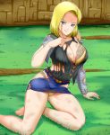  1girl android_18 arm_support bare_legs barefoot blonde_hair blue_eyes blue_skirt bob_cut bra breasts cleavage closed_mouth dirty dragon_ball dragonball_z feet grass groin highres large_breasts legs looking_at_viewer miniskirt outdoors panties raglan_sleeves short_hair sitting skirt solo thighs torn_clothes underwear yellow_bra yellow_panties 