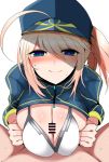  ahoge artoria_pendragon_(all) bar_censor baseball_cap bikini_top blonde_hair blue_hat blush breasts censored closed_mouth eyebrows_visible_through_hair fate/grand_order fate_(series) hair_between_eyes hair_through_headwear han_(jackpot) hat large_breasts looking_at_viewer mysterious_heroine_xx_(foreigner) paizuri penis ponytail short_hair shrug_(clothing) simple_background smile solo_focus white_background white_bikini_top 
