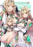  artist_name bangs blonde_hair blush breasts cleavage cleavage_cutout closed_mouth commentary_request copyright_name crossed_arms earrings eyebrows_visible_through_hair gloves highres hikari_(xenoblade_2) jewelry large_breasts legs long_hair looking_to_the_side nose_blush pen_(steelleets) solo swept_bangs thigh_strap tiara wavy_mouth white_gloves xenoblade_(series) xenoblade_2 yellow_eyes 