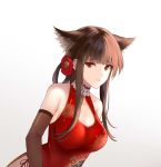  animal_ears bangs bare_shoulders blunt_bangs breasts brown_gloves brown_hair china_dress chinese_clothes cleavage dress dsr-50_(girls_frontline) elbow_gloves eyebrows_visible_through_hair flower girls_frontline gloves hair_flower hair_ornament leaning_forward long_hair medium_breasts red_dress sidelocks simple_background tamatabe upper_body 