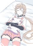  armor bed blush closed_eyes gloves long_hair lora_(xenoblade_2) mizuki_riko parted_lips pauldrons red_hair rikori_x short_hair simple_background sleeping solo xenoblade_(series) xenoblade_2 xenoblade_2:_ogon_no_kuri_ira 