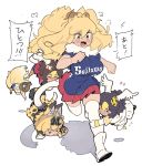  4girls animal_ear_fluff animal_ears bangs baseball_jersey big_hair blonde_hair blush breasts character_request chiba_lotte_marines chibi commentary_request fang flat_color fukuoka_softbank_hawks fur_collar heavy_breathing highres hokkaido_nippon-ham_fighters impossible_clothes impossible_shirt kazue1000 kemono_friends large_breasts leg_cling lion_(kemono_friends) lion_ears lion_girl lion_tail long_hair miniskirt multiple_girls nippon_professional_baseball no_nose open_mouth pleated_skirt red_skirt running saitama_seibu_lions shadow shirt short_sleeves sideways_mouth simple_background size_difference skirt speech_bubble tail touhoku_rakuten_golden_eagles translation_request v-shaped_eyebrows white_background white_footwear white_legwear yellow_eyes 