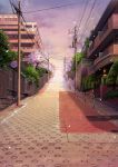  balcony building cable cherry_blossoms cloud commentary_request day falling_petals hedge_(plant) highres lamp light manhole no_humans outdoors plant post potted_plant power_lines purple_sky railing road saenai_heroine_no_sodatekata scenery shade sign street transformer tree wall 